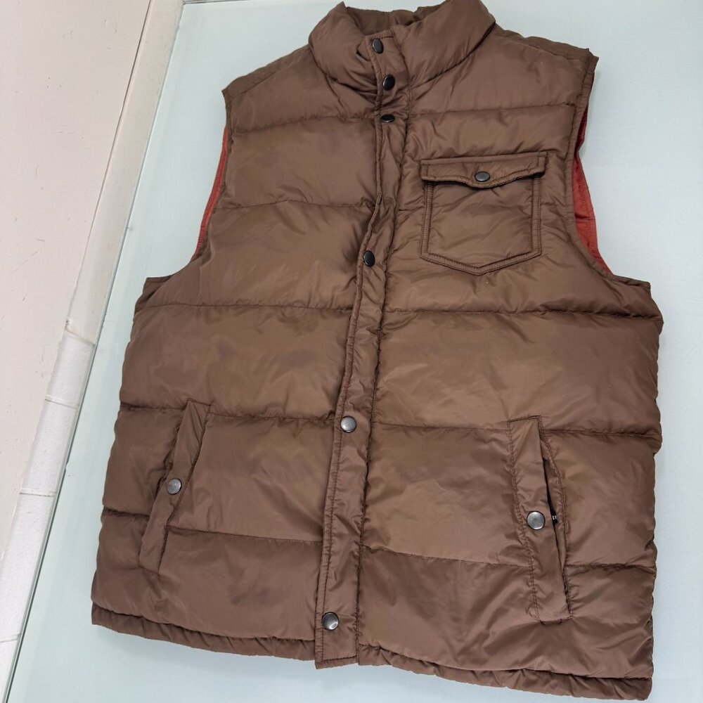 Fossil Puffer Jacket Vest Mens Large L Down Filled Insulated Full Zip Brown